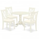 5Pc Dining Set, Round Dinette Table, Drop Leaves, Four Doublexback Linen Seat Chairs, White Finish