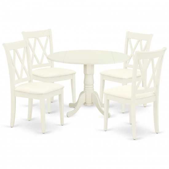 5Pc Dining Set, Round Dinette Table, Drop Leaves, Four Doublexback Linen Seat Chairs, White Finish