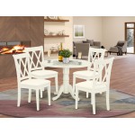 5Pc Dining Set, Round Dinette Table, Drop Leaves, Four Doublexback Linen Seat Chairs, White Finish