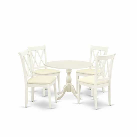 5 Pc Dinning Set, 1 Drop Leaves Dining Table, 4 Linen White Dining Chairs, Double X-Back, Linen White Finish