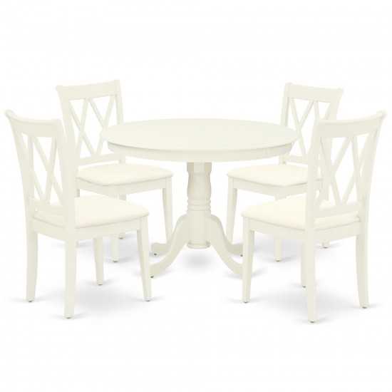 5Pc Dining Set, Round Dinette Table, Four Kitchen Chairs, Linen White Finish