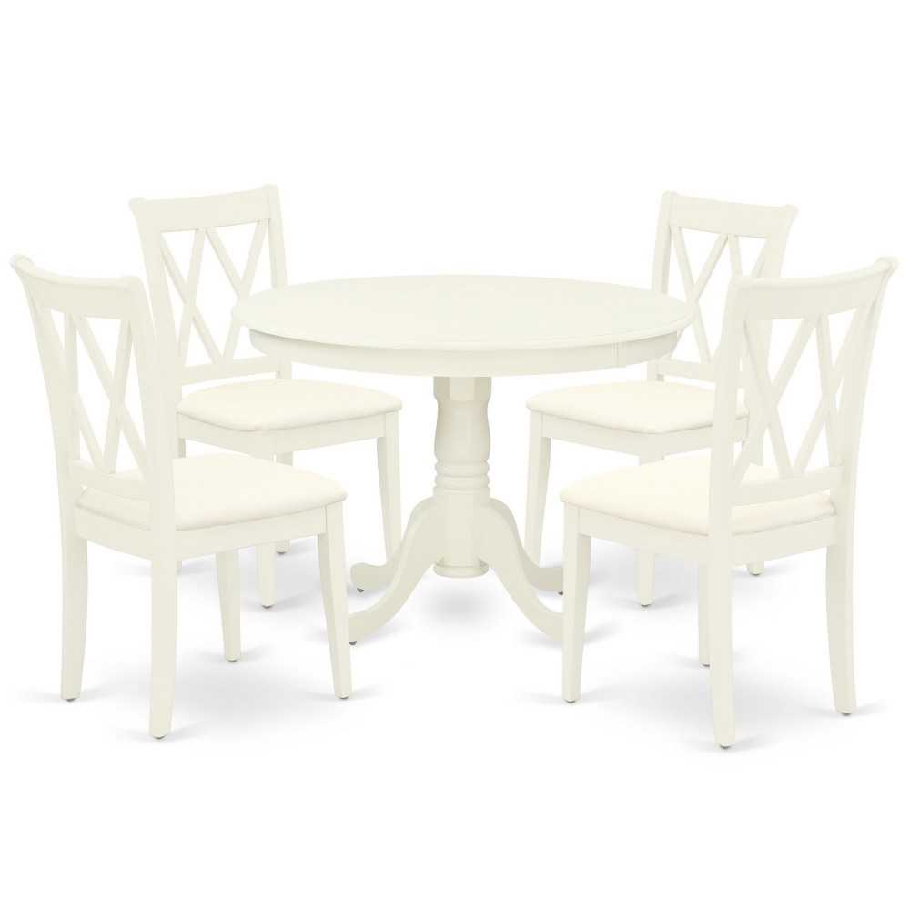 5Pc Dining Set, Round Dinette Table, Four Kitchen Chairs, Linen White Finish