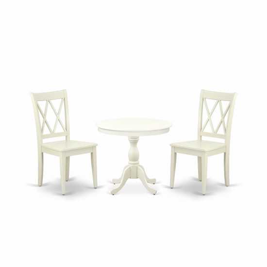 3 Pc Dining Room Set, 1 Pedestal Table, 2 Linen White Wooden Chairs, Linen White