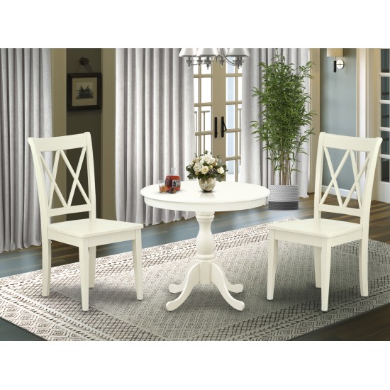 3 Pc Dining Room Set, 1 Pedestal Table, 2 Linen White Wooden Chairs, Linen White