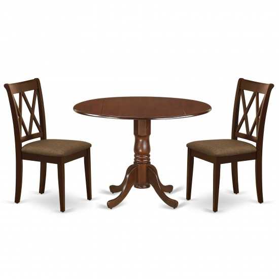 3Pc Dinette Set, Rounded Kitchen Table, Drop Leaves, Two Doublexback Linen Seat Dining Chairs, Mahogany Finish