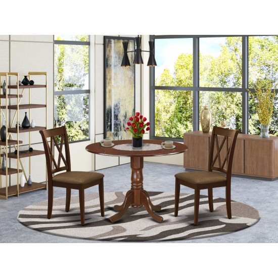 3Pc Dinette Set, Rounded Kitchen Table, Drop Leaves, Two Doublexback Linen Seat Dining Chairs, Mahogany Finish