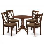 5Pc Dining Set, Round Dinette Table, Drop Leaves, Four Doublexback Linen Seat Chairs, Mahogany Finish