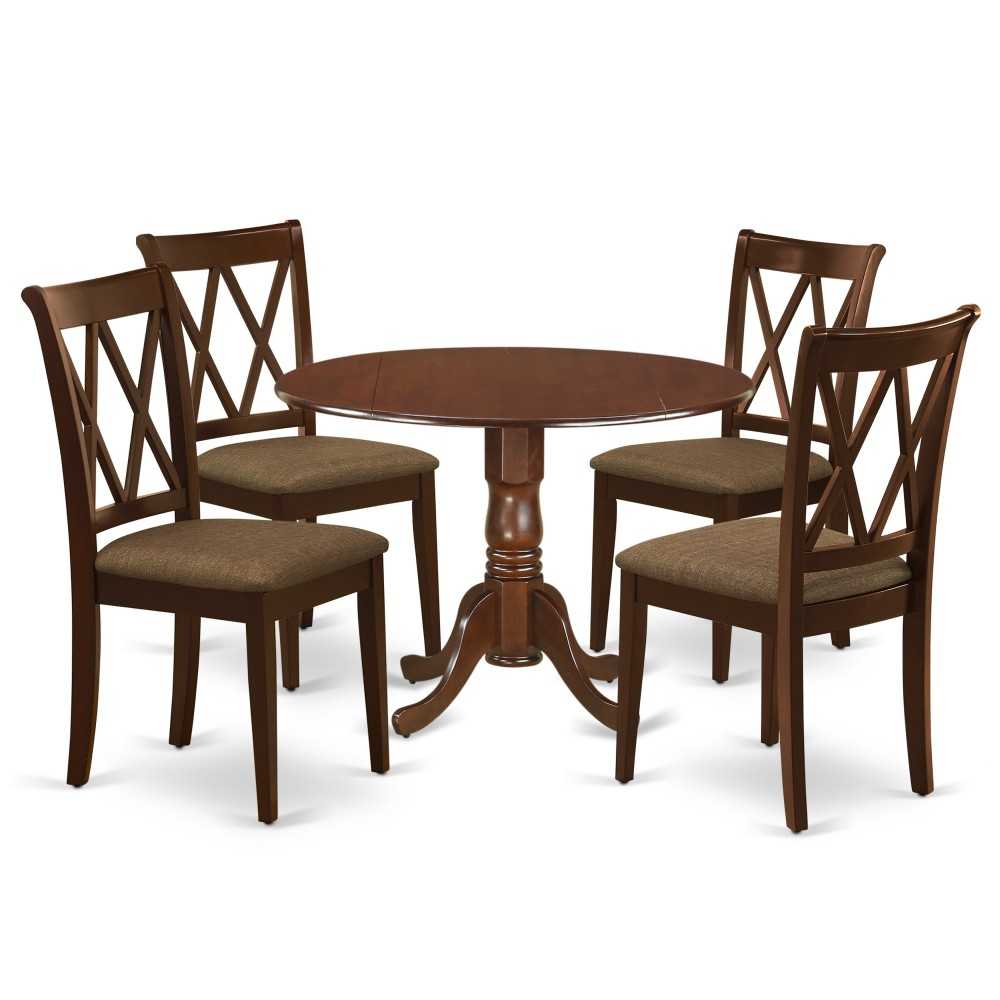 5Pc Dining Set, Round Dinette Table, Drop Leaves, Four Doublexback Linen Seat Chairs, Mahogany Finish