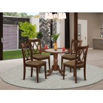 5Pc Dining Set, Round Dinette Table, Drop Leaves, Four Doublexback Linen Seat Chairs, Mahogany Finish