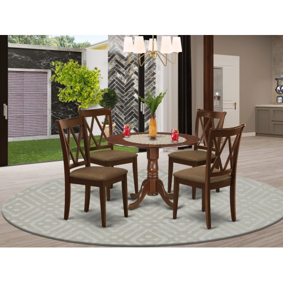 5Pc Dining Set, Round Dinette Table, Drop Leaves, Four Doublexback Linen Seat Chairs, Mahogany Finish