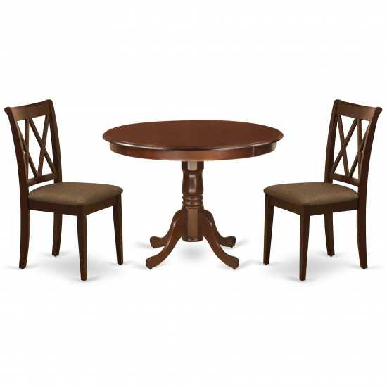 3Pc Dinette Set, Rounded Kitchen Table, Two Dining Chairs, Mahogany Finish