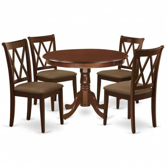 5Pc Dining Set, Round Dinette Table, Four Kitchen Chairs, Mahogany Finish