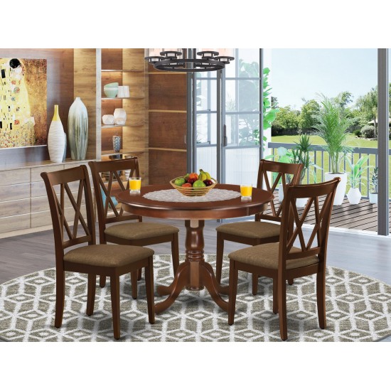 5Pc Dining Set, Round Dinette Table, Four Kitchen Chairs, Mahogany Finish