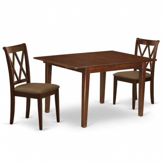 3Pc Dinette Set, Rectangular Kitchen Table, Butterfly Leaf, Two Doublexback Linen Seat Dining Chairs, Mahogany Finish