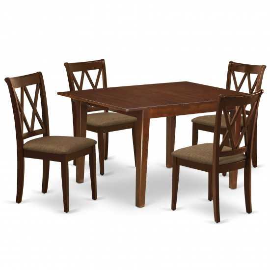 5Pc Dining Set, Rectangle Dinette Table, Butterfly Leaf, Four Doublexback Linen Seat Chairs, Mahogany Finish