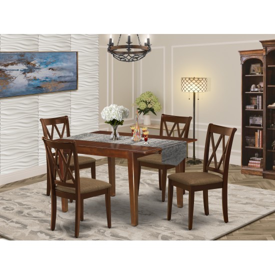 5Pc Dining Set, Rectangle Dinette Table, Butterfly Leaf, Four Doublexback Linen Seat Chairs, Mahogany Finish