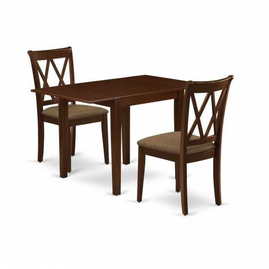 Kitchen Dining Set For 3- Two Chairs, Breakfast Table, Mahogany Color Linen, Mahogany Finish Solid Wood Frame