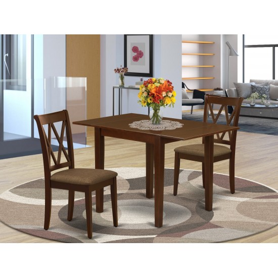 Kitchen Dining Set For 3- Two Chairs, Breakfast Table, Mahogany Color Linen, Mahogany Finish Solid Wood Frame