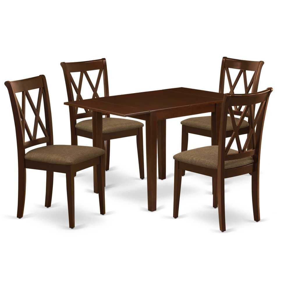 Dining Set For 5- 4 Wood Chairs, An Eye-Catching Table, Mahogany Color Linen, Mahogany Finish Structure