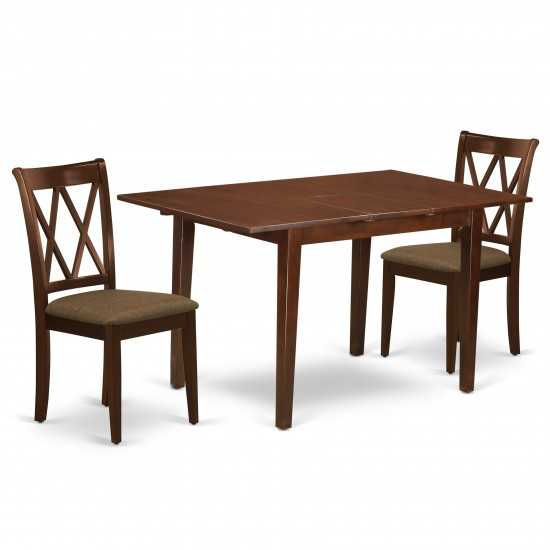 3Pc Dinette Set, Rectangular Kitchen Table, Butterfly Leaf, Two Doublexback Linen Seat Dining Chairs, Mahogany Finish