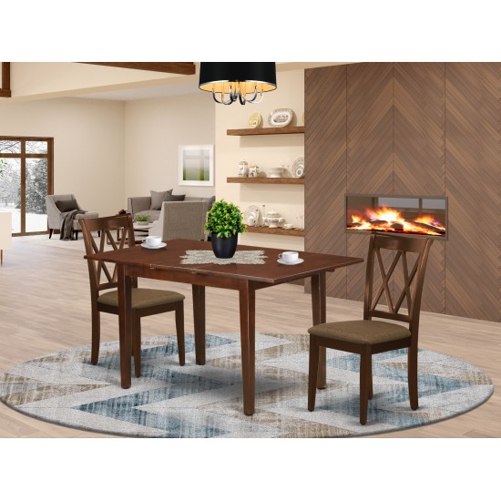 3Pc Dinette Set, Rectangular Kitchen Table, Butterfly Leaf, Two Doublexback Linen Seat Dining Chairs, Mahogany Finish