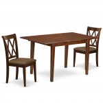 3Pc Dinette Set, Rectangular Kitchen Table, Butterfly Leaf, Two Doublexback Linen Seat Dining Chairs, Mahogany Finish