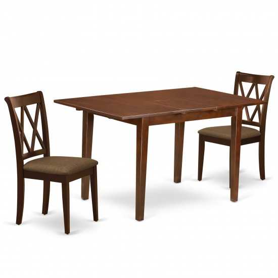 3Pc Dinette Set, Rectangular Kitchen Table, Butterfly Leaf, Two Doublexback Linen Seat Dining Chairs, Mahogany Finish