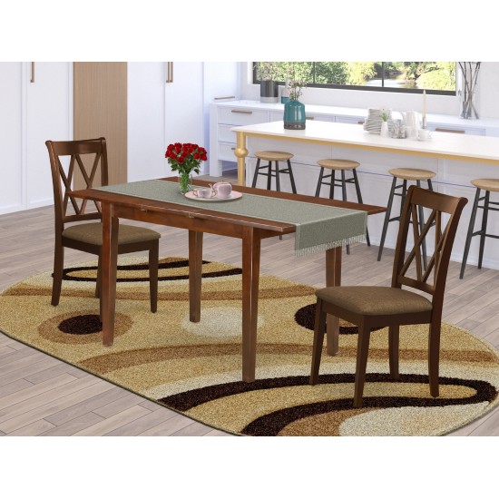 3Pc Dinette Set, Rectangular Kitchen Table, Butterfly Leaf, Two Doublexback Linen Seat Dining Chairs, Mahogany Finish