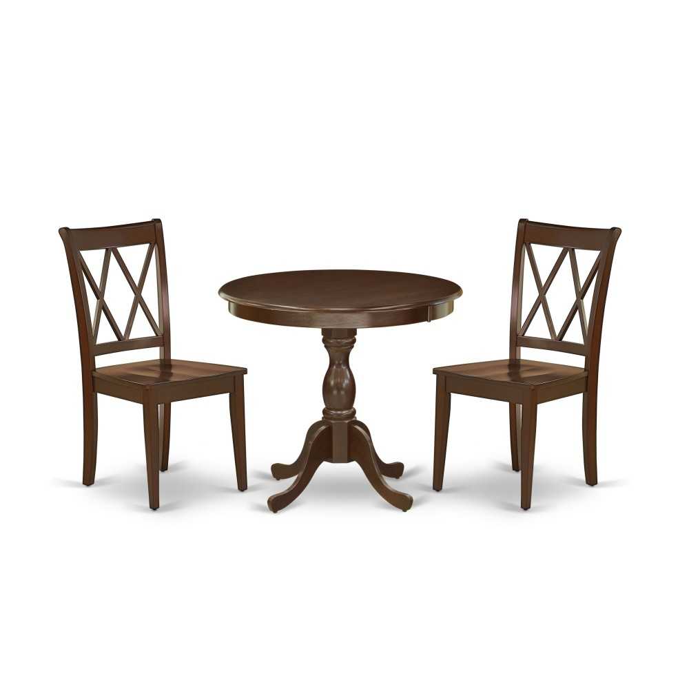 3 Pc Dining Set, 1 Table, 2 Mahogany Wooden Chairs, Double X-Back, Mahogany Finish