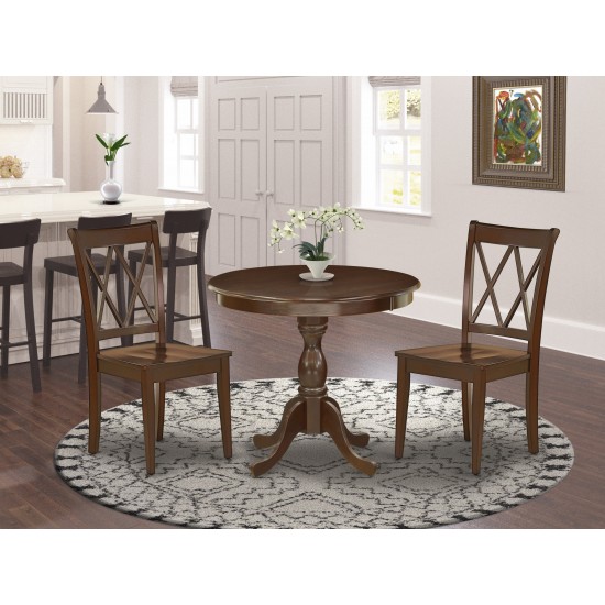 3 Pc Dining Set, 1 Table, 2 Mahogany Wooden Chairs, Double X-Back, Mahogany Finish