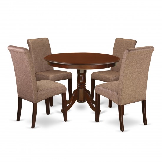 5Pc Small Round Table, Linen Brown Fabric Parson Chairs, Mahogany Chair Legs