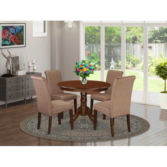 5Pc Small Round Table, Linen Brown Fabric Parson Chairs, Mahogany Chair Legs