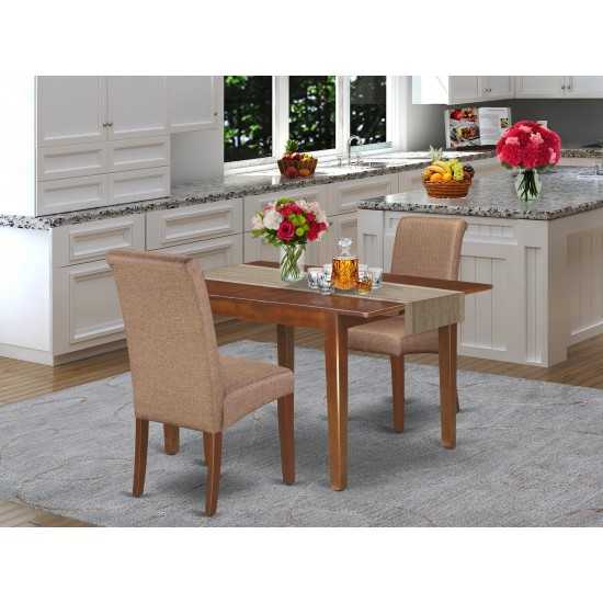 3Pc Kitchen Table, Linen Brown Fabric Parson Chairs, Mahogany Chair Legs