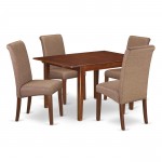 5Pc Kitchen Table, Linen Brown Fabric Dining Chairs, Mahogany Chair Legs