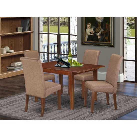 5Pc Kitchen Table, Linen Brown Fabric Dining Chairs, Mahogany Chair Legs