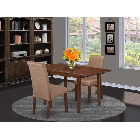 3Pc Kitchen Table, Linen Brown Fabric Parson Chairs, Mahogany Chair Legs