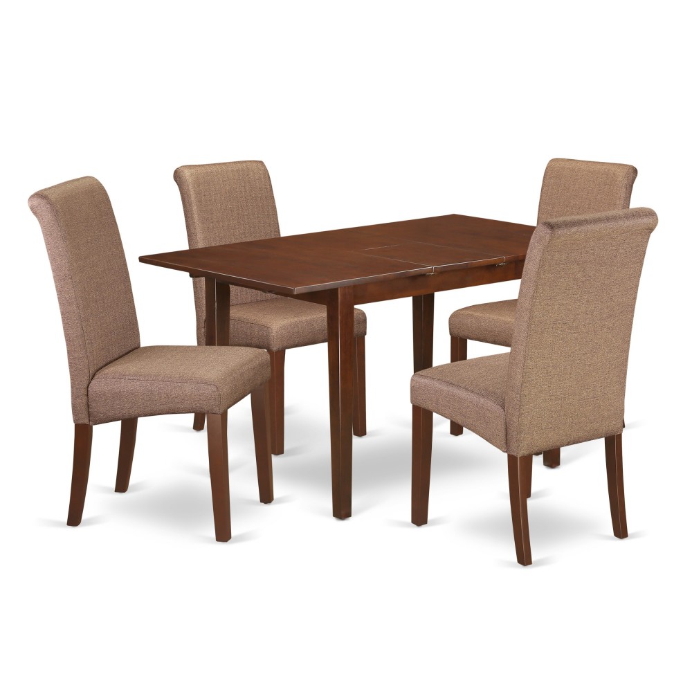 5Pc Kitchen Table, Linen Brown Fabric Parson Chairs, Mahogany Chair Legs