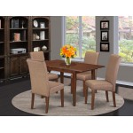 5Pc Kitchen Table, Linen Brown Fabric Parson Chairs, Mahogany Chair Legs