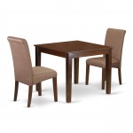 3Pc Square Table With Linen Brown Fabric Parson Chairs With Mahogany Chair Legs