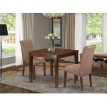 3Pc Square Table With Linen Brown Fabric Parson Chairs With Mahogany Chair Legs