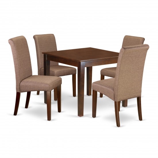 5Pc Square Table With Linen Brown Fabric Parson Chairs With Mahogany Chair Legs