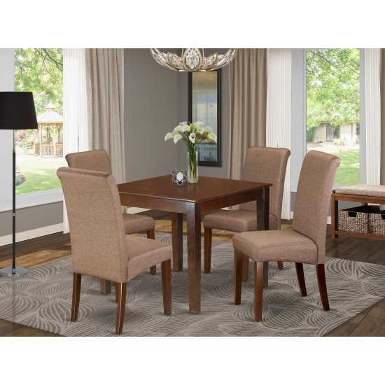 5Pc Square Table With Linen Brown Fabric Parson Chairs With Mahogany Chair Legs