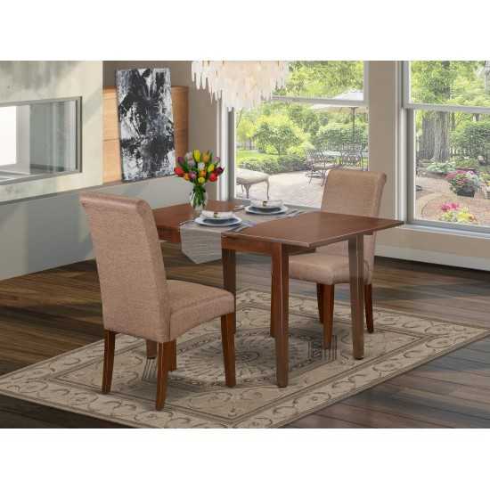 3Pc Kitchen Table, Linen Brown Fabric Parson Chairs, Mahogany Chair Legs