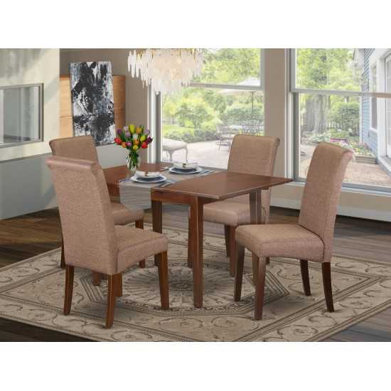 5Pc Kitchen Table, Linen Brown Fabric Parson Chairs, Mahogany Chair Legs