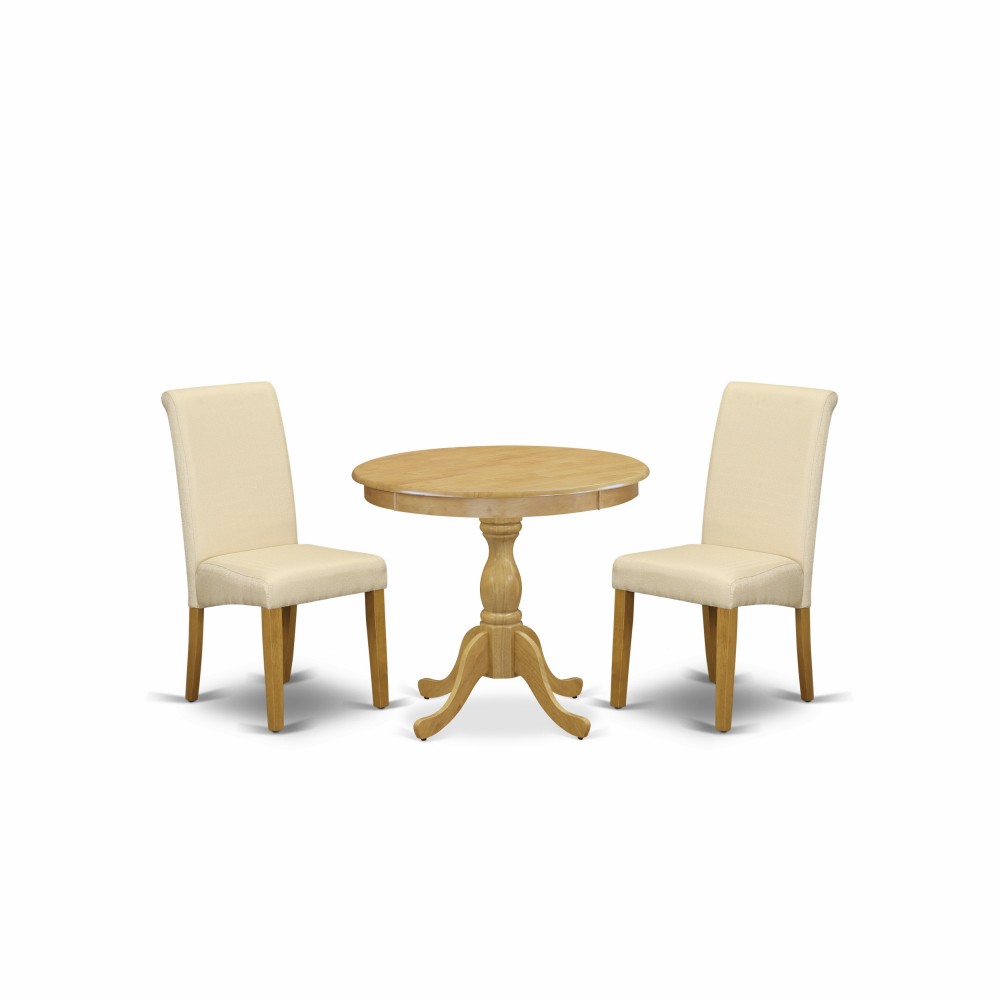 3 Pc Dining Set, 1 Pedestal Table, 2 Light Beige Chairs, High Back, Oak Finish