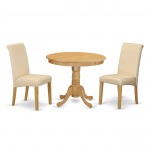 3Pc Small Round Table With Linen Beige Fabric Parson Chairs With Oak Chair Legs