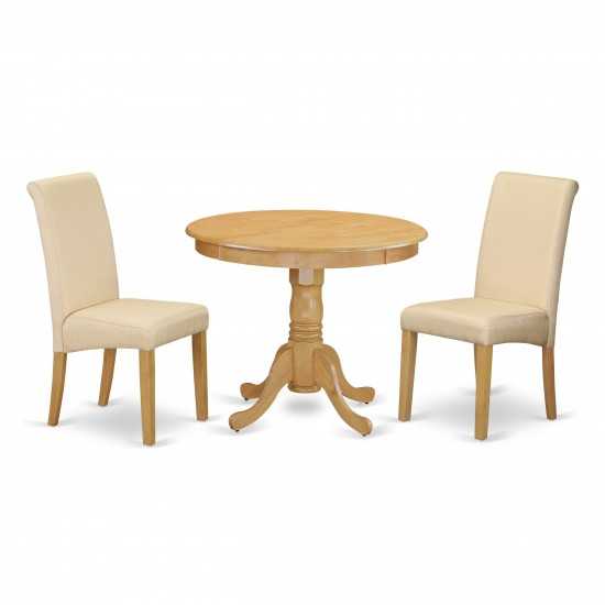 3Pc Small Round Table With Linen Beige Fabric Parson Chairs With Oak Chair Legs