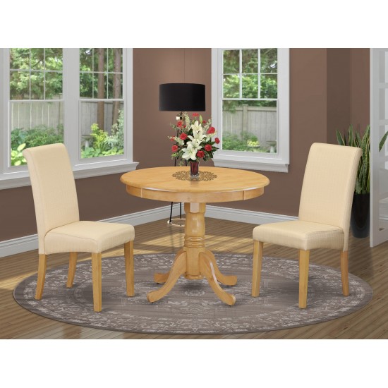 3Pc Small Round Table With Linen Beige Fabric Parson Chairs With Oak Chair Legs