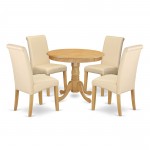 5Pc Small Round Table, Linen Beige Fabric Kitchen Chairs, Oak Chair Legs