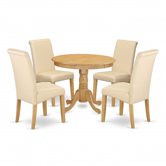 5Pc Small Round Table, Linen Beige Fabric Kitchen Chairs, Oak Chair Legs